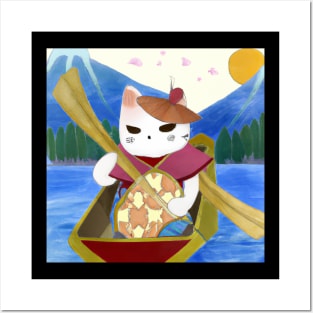 Ukiyo-e cat in canoe Posters and Art